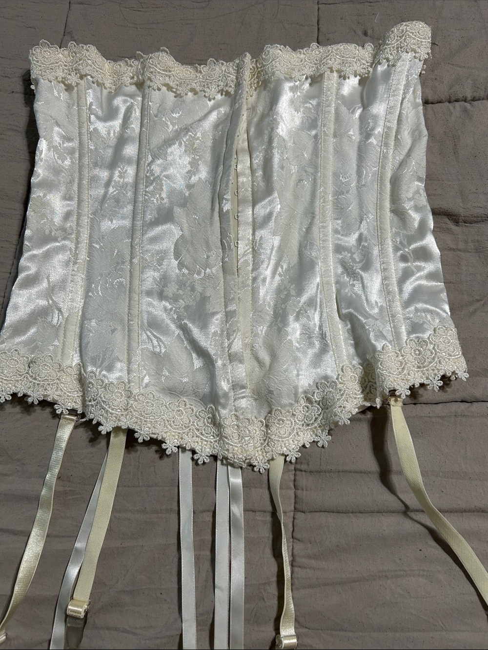 Shirley of Hollywood Ivory Lace Satin Corset with Garter Straps